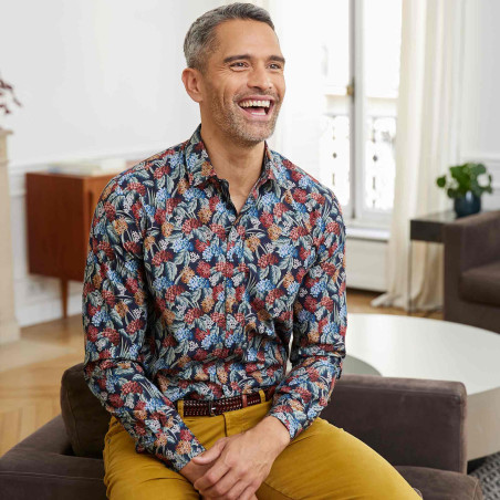 Chemise droite popeline imprimé floral col semi-italien