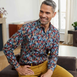 Chemise droite popeline imprimé floral col semi-italien