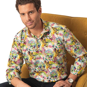 Chemise droite coton imprimée impressionniste col italien