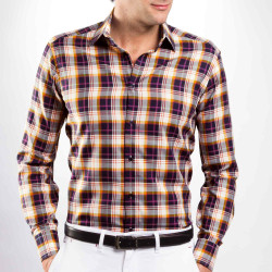 Chemise droite coton carreaux col semi-italien
