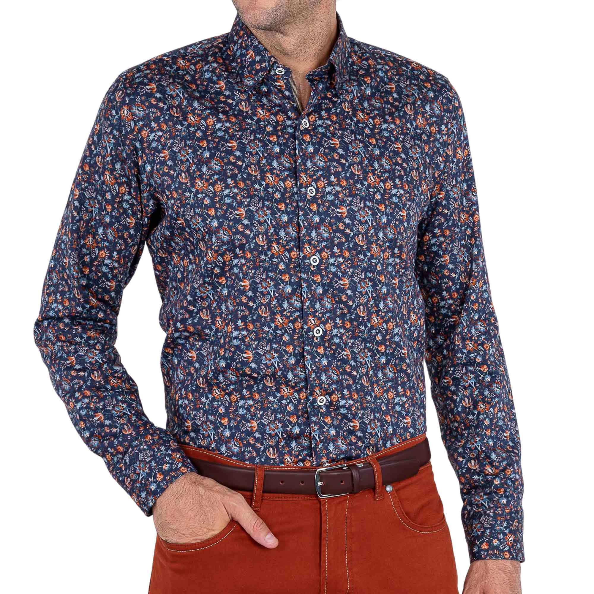 Chemise droite popeline imprimée col boutonnage caché