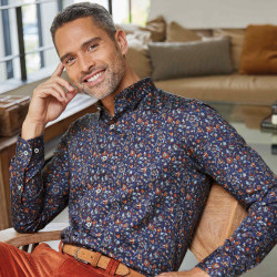 Chemise droite popeline imprimée col boutonnage caché