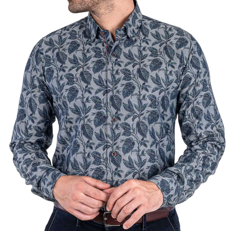 Chemise droite chambray imprimée col boutonnage caché