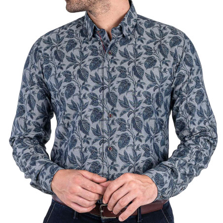 Chemise droite chambray imprimée col boutonnage caché