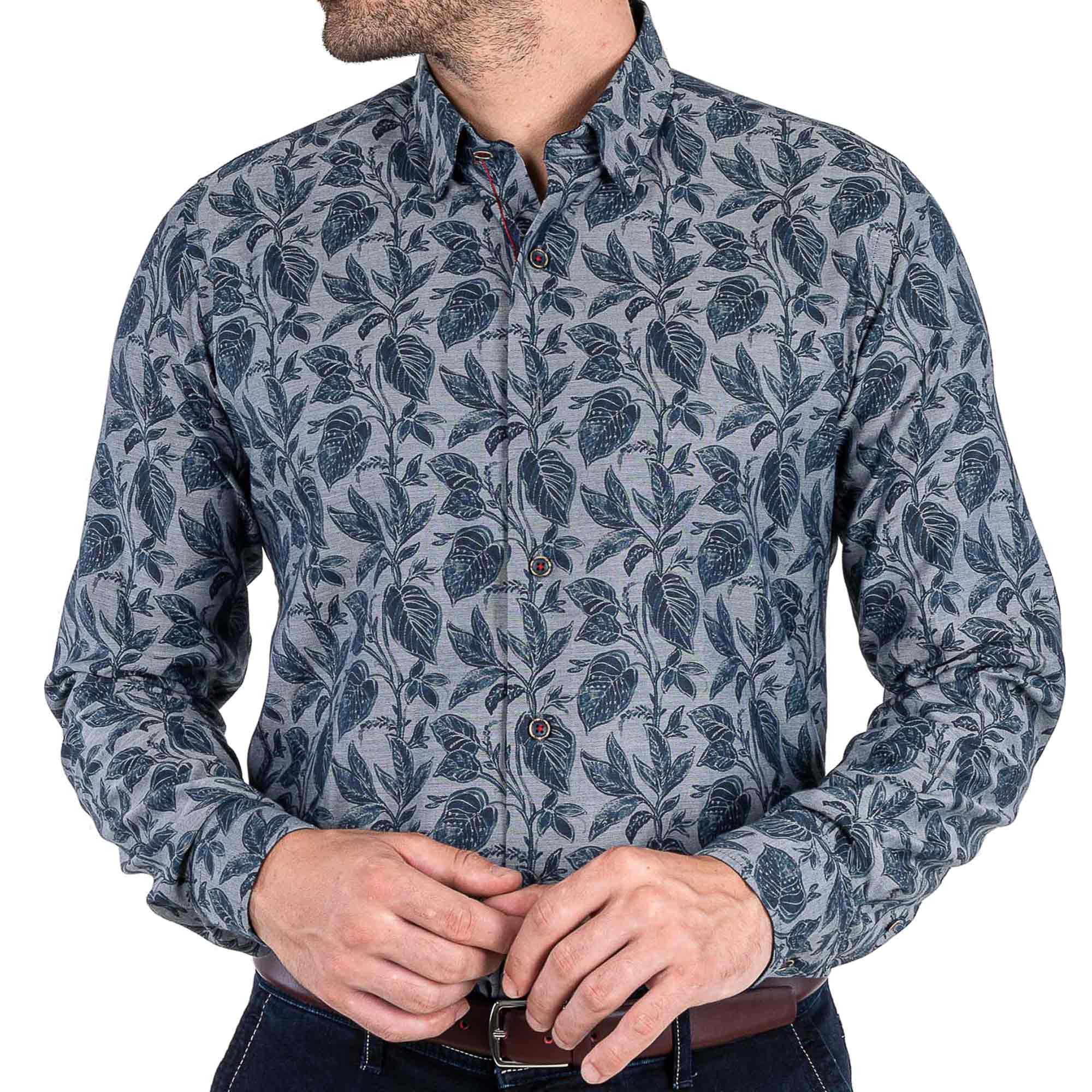 Chemise droite chambray imprimée col boutonnage caché