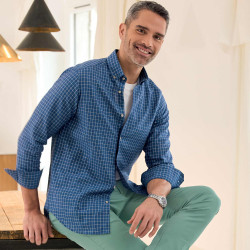 Chemise droite carreaux lin col boutonné