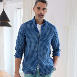 Chemise droite carreaux lin col boutonné