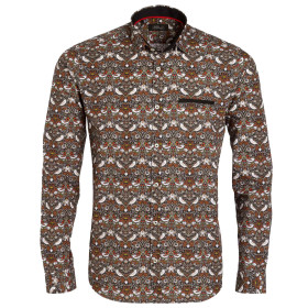 Chemise droite coton imprimé oiseau col semi-italien, Encolure : M (39/40), Couleur : Marron, par l’Homme Moderne.