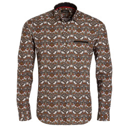 Chemise droite coton imprimé oiseau col semi-italien