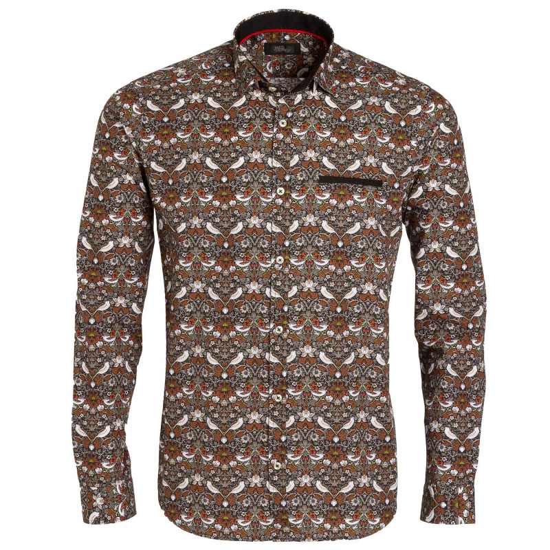 Chemise droite coton imprimé oiseau col semi-italien