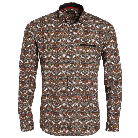 Chemise droite coton imprimé oiseau col semi-italien