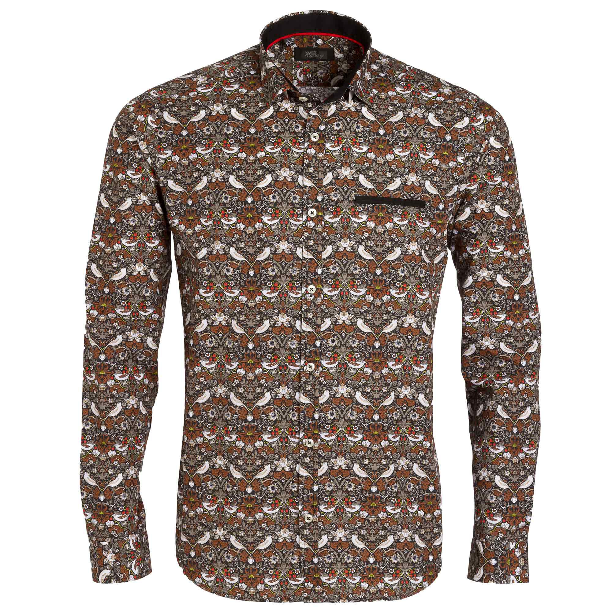 Chemise droite coton imprimé oiseau col semi-italien