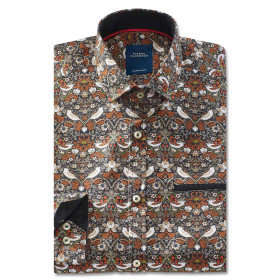 Chemise droite coton imprimé oiseau col semi-italien