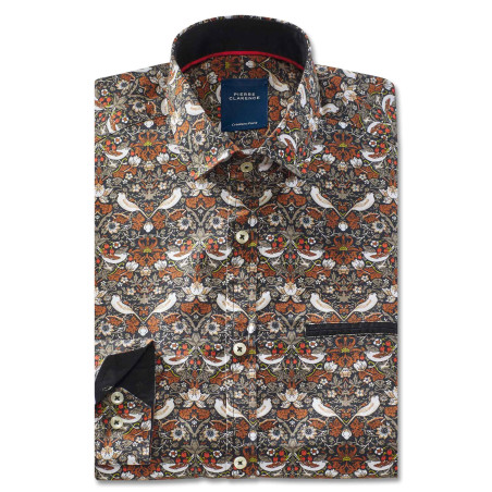 Chemise droite coton imprimé oiseau col semi-italien
