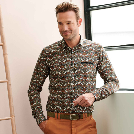 Chemise droite coton imprimé oiseau col semi-italien