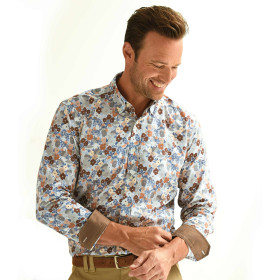 Chemise droite coton imprimée fleur col boutonné, Encolure : L (41/42), Couleur : Marron, par l’Homme Moderne.