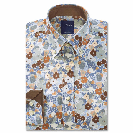 Chemise droite coton imprimée fleur col boutonné
