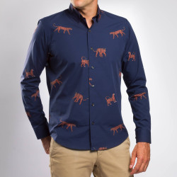 Chemise droite coton imprimée panthère col boutonnage caché