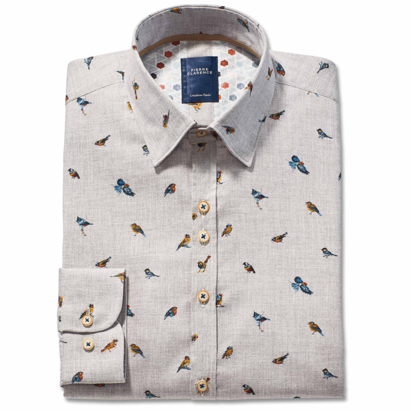 Chemise tweed droite imprimé oiseau col boutonnage caché