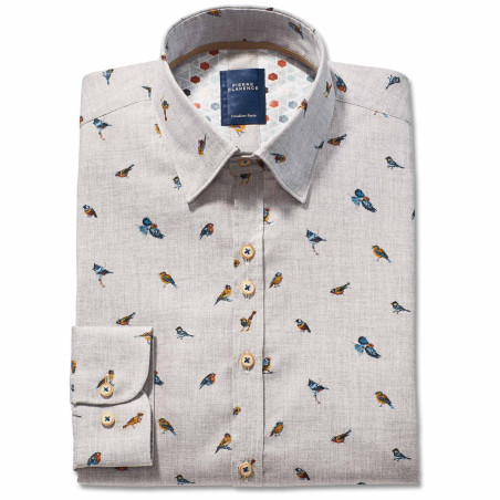 Chemise tweed droite imprimé oiseau col boutonnage caché