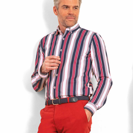 Chemise droite en coton rayée col boutonné