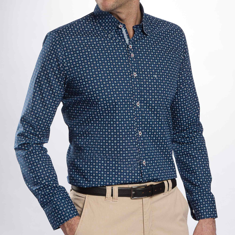 Chemise droite coton imprimée fantaisie col boutonnage caché