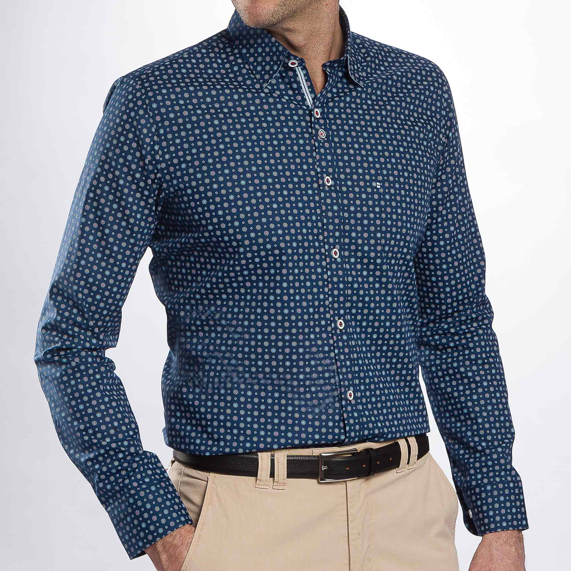 Chemise droite coton imprimée fantaisie col boutonnage caché