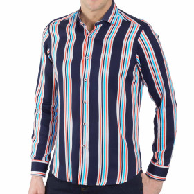 Chemise droite satin de coton rayée transat col semi-italien