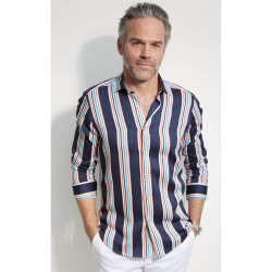 Chemise droite satin de coton rayée transat col semi-italien