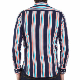 Chemise droite satin de coton rayée transat col semi-italien