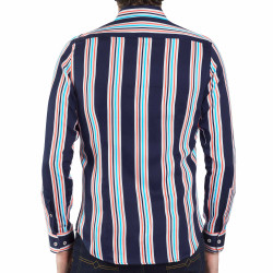 Chemise droite satin de coton rayée transat col semi-italien