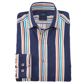 Chemise droite satin de coton rayée transat col semi-italien