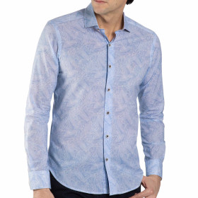 Chemise droite voile de coton imprimée tropical col semi-italien, Encolure : 37/38, Couleur : Bleu ciel, par l’Homme Moderne.