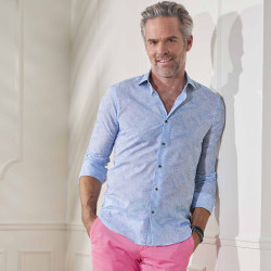 Chemise droite voile de coton imprimée tropical col semi-italien