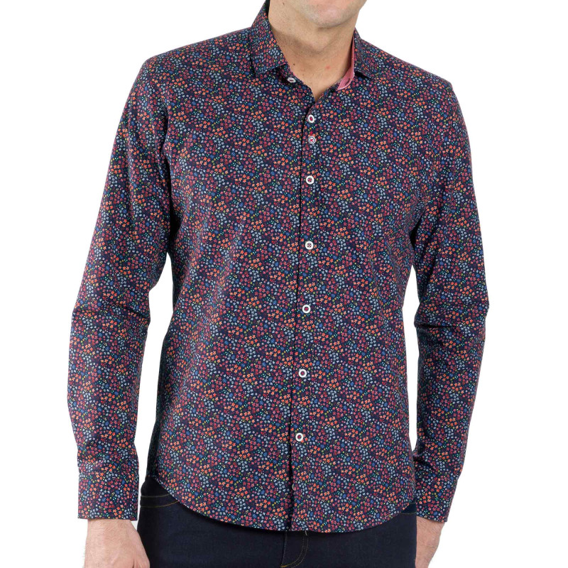 Chemise droite coton popeline imprimée col semi-italien