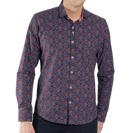 Chemise droite coton popeline imprimée col semi-italien