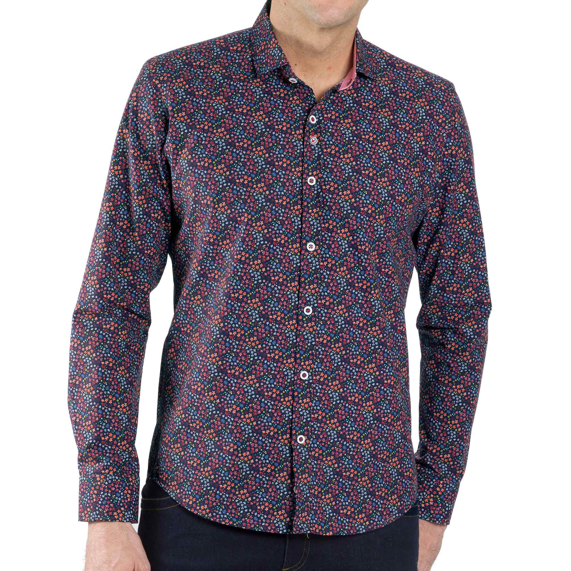 Chemise droite coton popeline imprimée col semi-italien