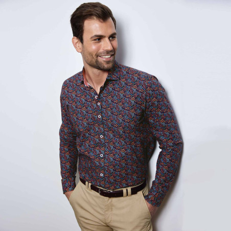 Chemise droite coton popeline imprimée col semi-italien