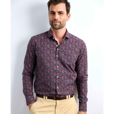 Chemise droite coton popeline imprimée col semi-italien