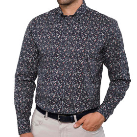 Chemise droite velours imprimé floral col boutonné