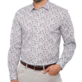 Chemise droite popeline imprimé floral col semi-italien, Encolure : 39/40, Couleur : Blanc, par l’Homme Moderne.
