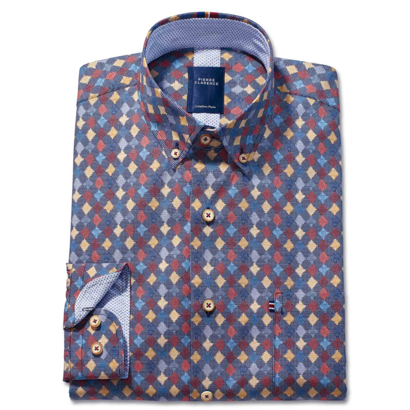 Chemise droite coton imprimé pois col boutonné