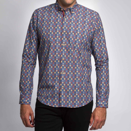 Chemise droite coton imprimé pois col boutonné
