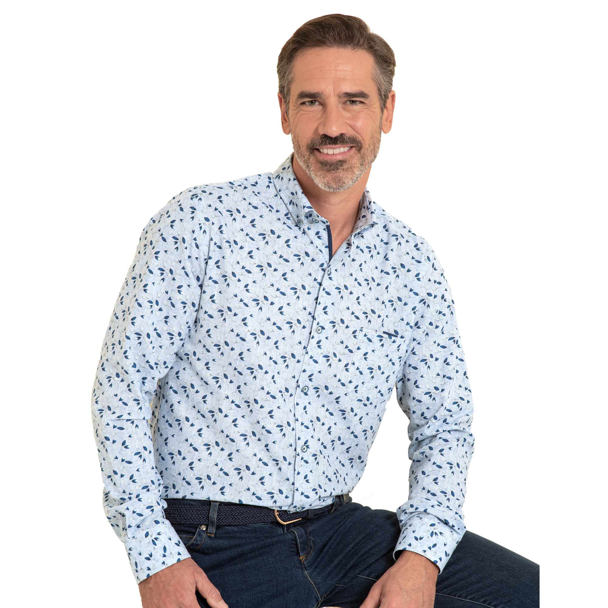 Chemise droite coton imprimée feuilles col boutonné