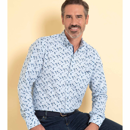 Chemise droite coton imprimée feuilles col boutonné