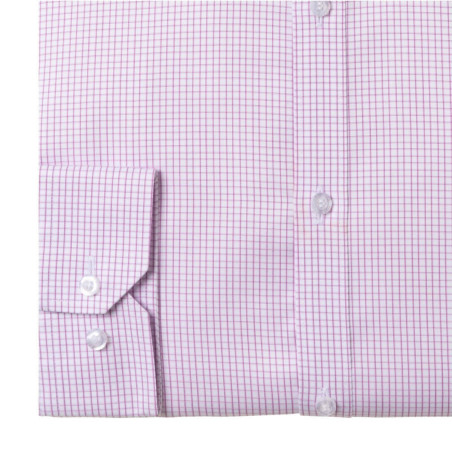 Chemise sans repassage ajustée popeline carreaux col semi-italien Rose